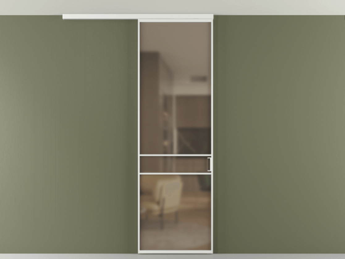 Перегородка Формато вдоль стены на потолок 1 створка АЛПР 040.02 Алюминий белоснежный Сатинированное бронзовое стекло, триплекс Цена 732246 ₸ | Volhovec