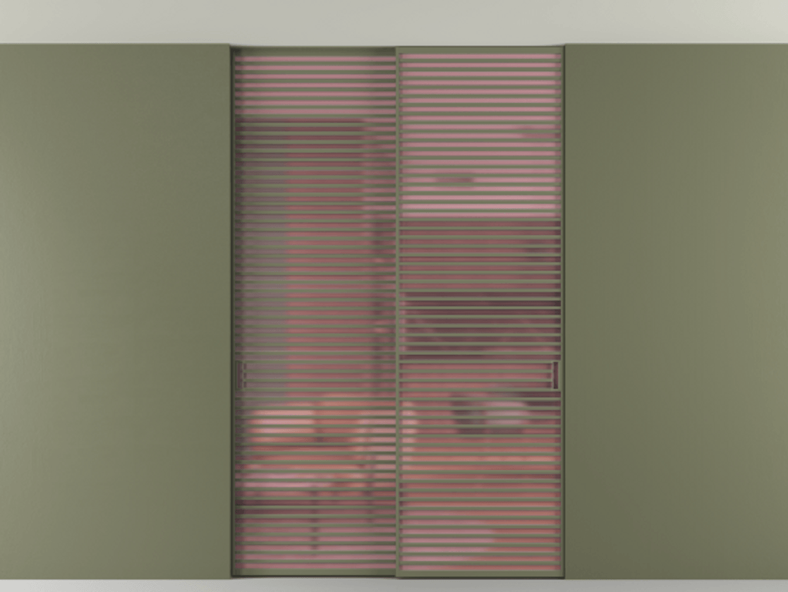 Перегородка Формато внутри проёма скрытое крепление в потолок 2 створки АЛПР 040.07 Алюминий оливковый тёмный Сатинированное розовое стекло, триплекс Цена 3098957 ₸ | Volhovec