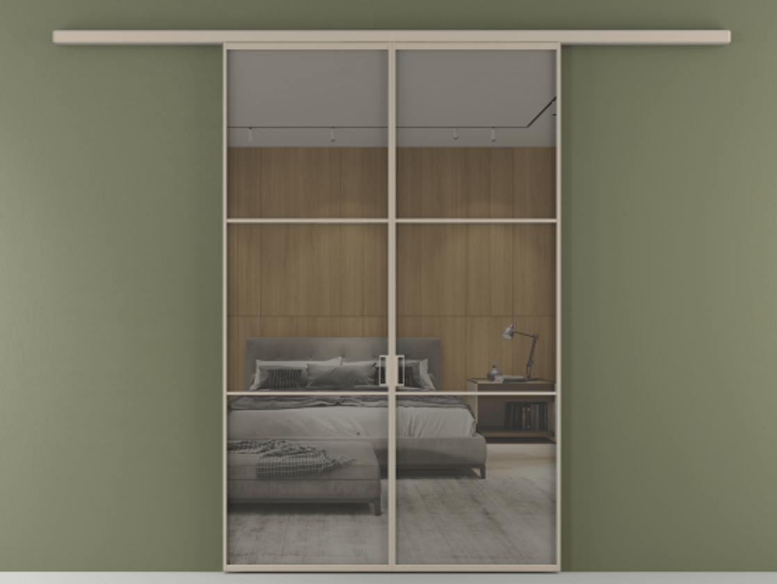 Перегородка Formato вдоль стены 2 створки АЛПР 040.03 Алюминий бисквитный Рефлективное серое стекло "Stopsol", калёное Цена 1553760 ₸ | Volhovec