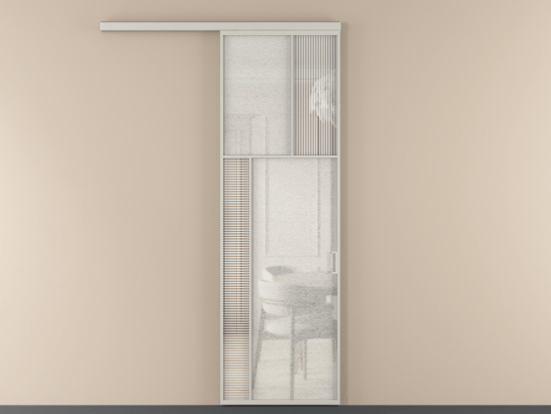 Перегородка Mosaic вдоль стены 1 створка АЛПР 041.22 Алюминий тёплый серый Рифлёное стекло "Дюна", триплекс, 6 мм + Фактурное стекло "Лёд", триплекс Цена 904990 ₸ | Volhovec