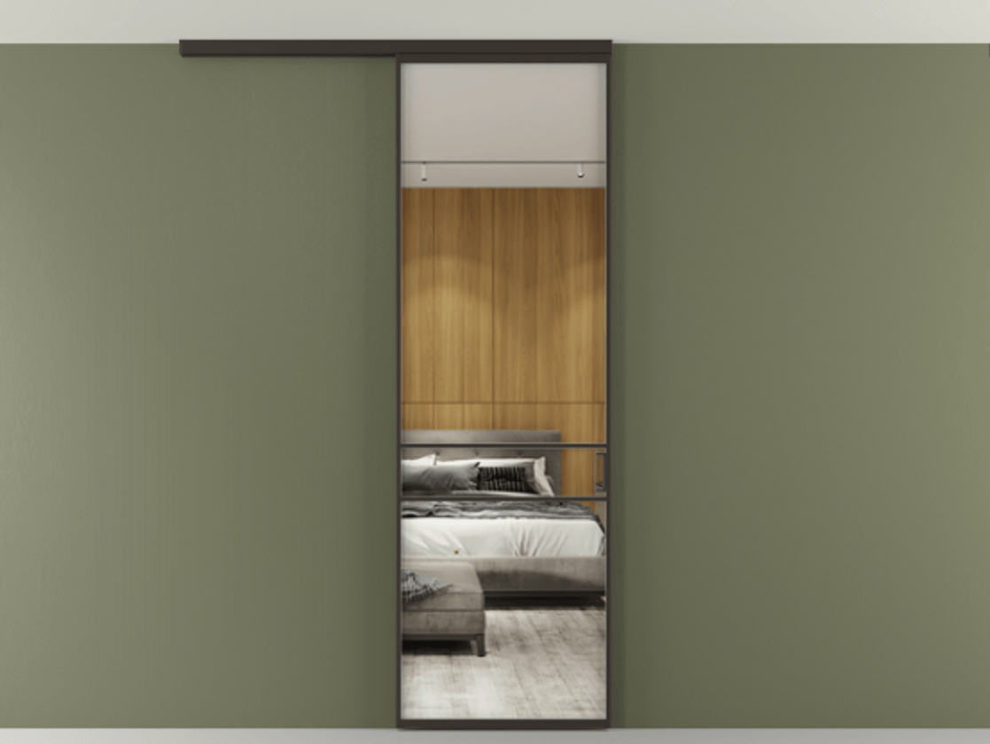 Перегородка Formato вдоль стены на потолок 1 створка АЛПР 040.02 Алюминий антрацит Двустороннее зеркало, триплекс , триплекс 6 мм Цена 732246 ₸ | Volhovec