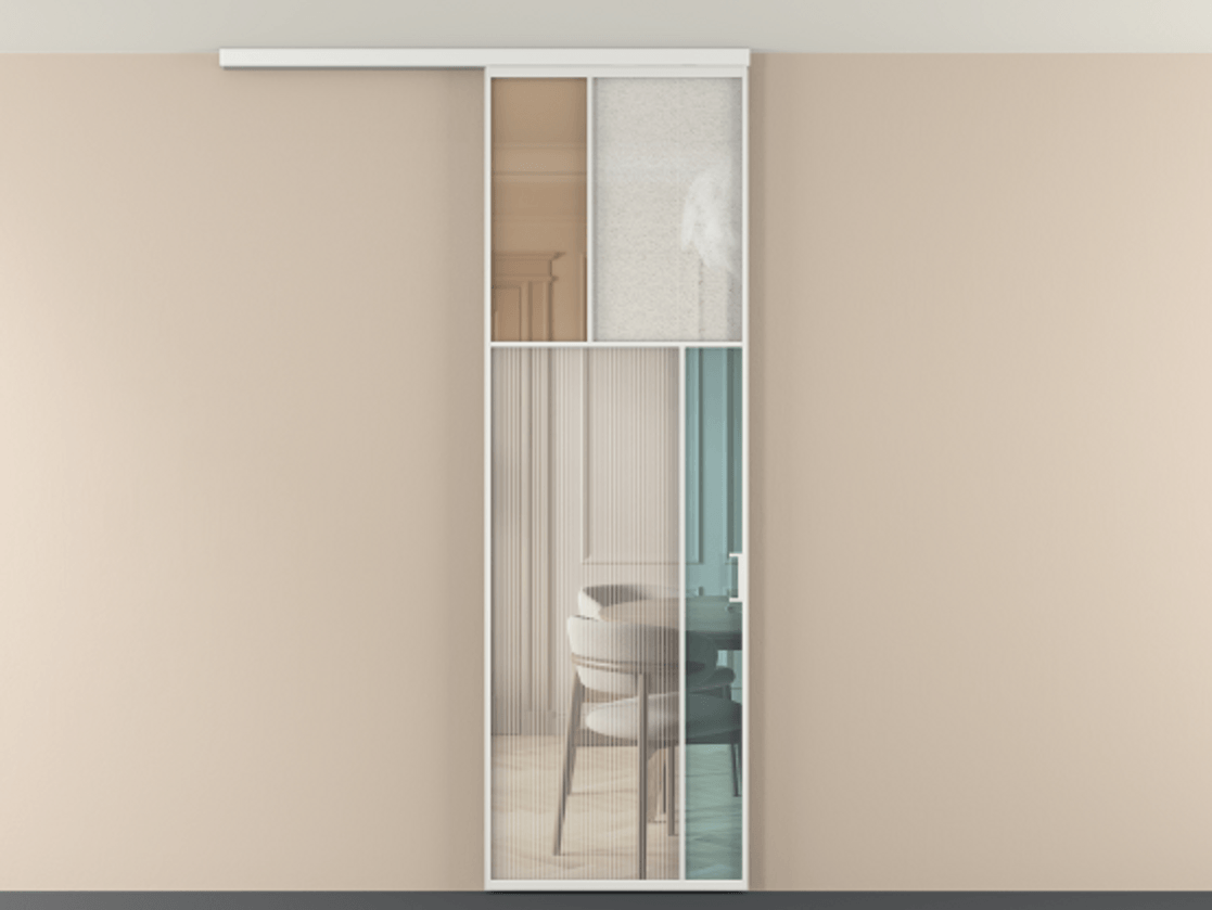 Перегородка Мозаик вдоль стены на потолок 1 створка АЛПР 041.23 Алюминий белоснежный Комбинация стекол Группы 1 и Группы 3 Цена 1066262 ₸ | Volhovec