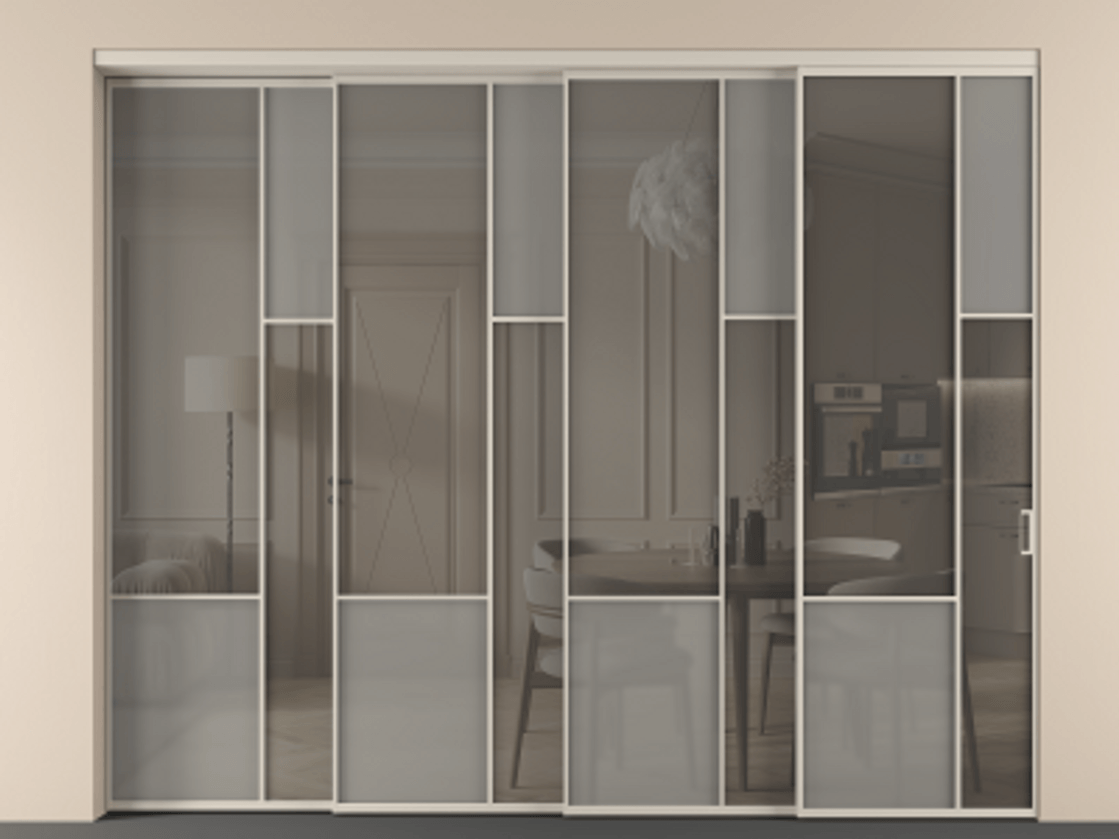 Перегородка Мозаик внутри проёма 4 створки с синхронным механизмом АЛПР 041.12 Алюминий светло-бежевый Сатинированное серое стекло, триплекс, 6 мм + Прозрачное серое стекло, триплекс. Цена 4441651 ₸ . Фабрика дверей Волховец 8 (800) 551 43 19 Перегородка Мозаик внутри проёма 4 створки с синхронным механизмом АЛПР 041.12 Алюминий светло-бежевый Сатинированное серое стекло, триплекс, 6 мм + Прозрачное серое стекло, триплекс Цена 4441651 ₸ | Volhovec