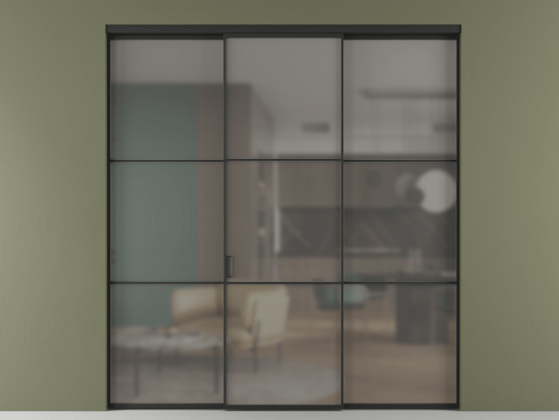 Перегородка Формато внутри проёма 3 створки АЛПР 040.03 Алюминий Черный Сатинированное серое стекло, триплекс Цена 1723491 ₸ | Volhovec