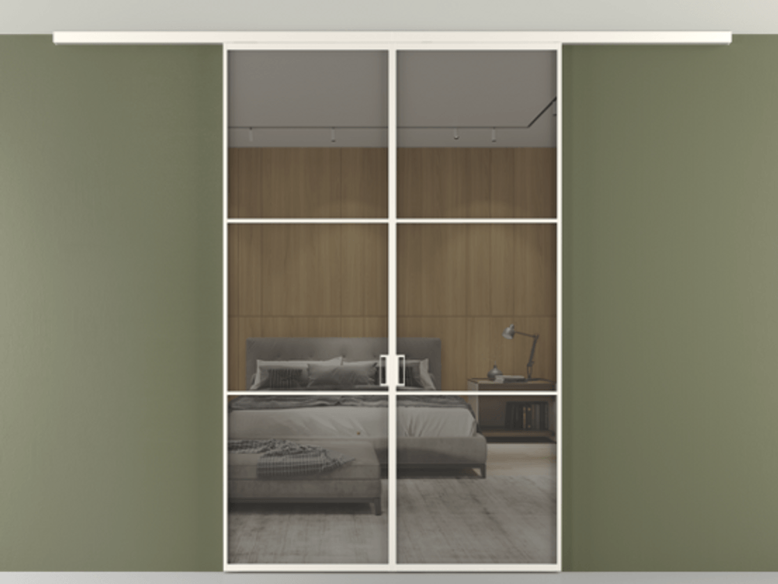 Перегородка Формато вдоль стены на потолок 2 створки АЛПР 040.03 Алюминий пудровый белый Рефлективное серое стекло "Стопсол", калёное Цена 1844035 ₸ | Volhovec