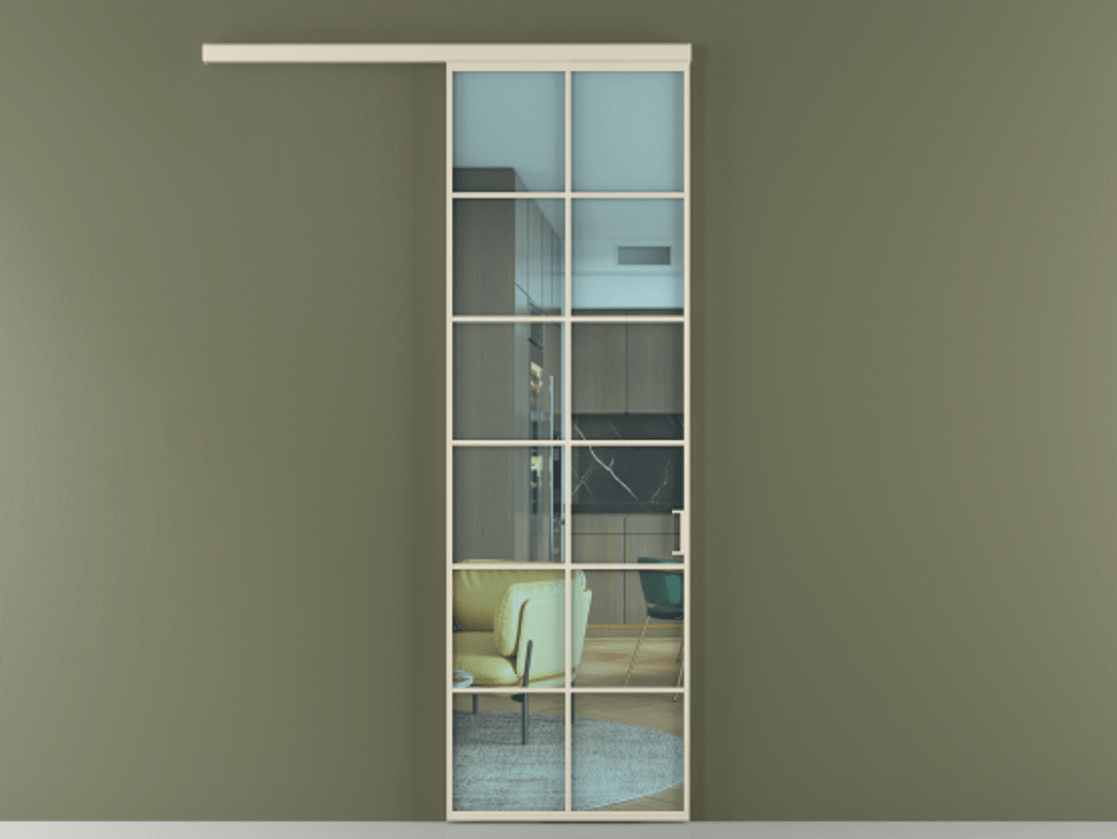 Межкомнатная дверь New Перегородка Formato вдоль стены одностворчатая АЛПР 040.05 Алюминий бежево-серый Прозрачное голубое стекло, триплекс Цена 464300  | Volhovec