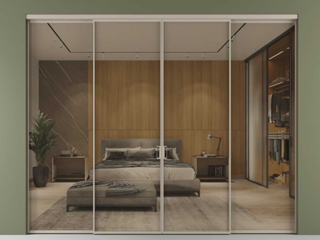 Перегородка Формато внутри проёма 4 створки АЛПР 040.01 Алюминий бисквитный Рефлективное бронзовое стекло "Стопсол", калёное Цена 2611526 ₸  | Volhovec