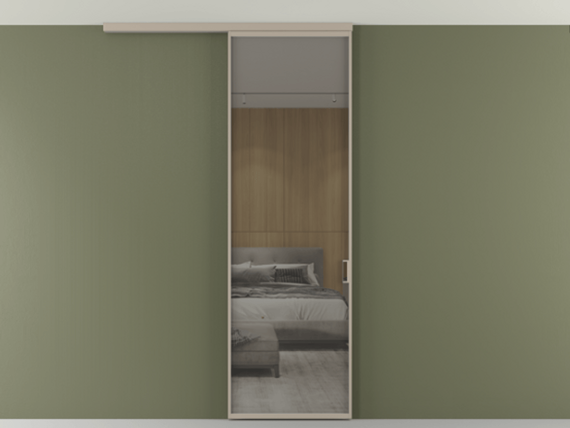 Перегородка Formato вдоль стены на потолок 1 створка АЛПР 040.01 Алюминий бисквитный Рефлективное серое стекло "Стопсол", калёное Цена 903949 ₸ | Volhovec