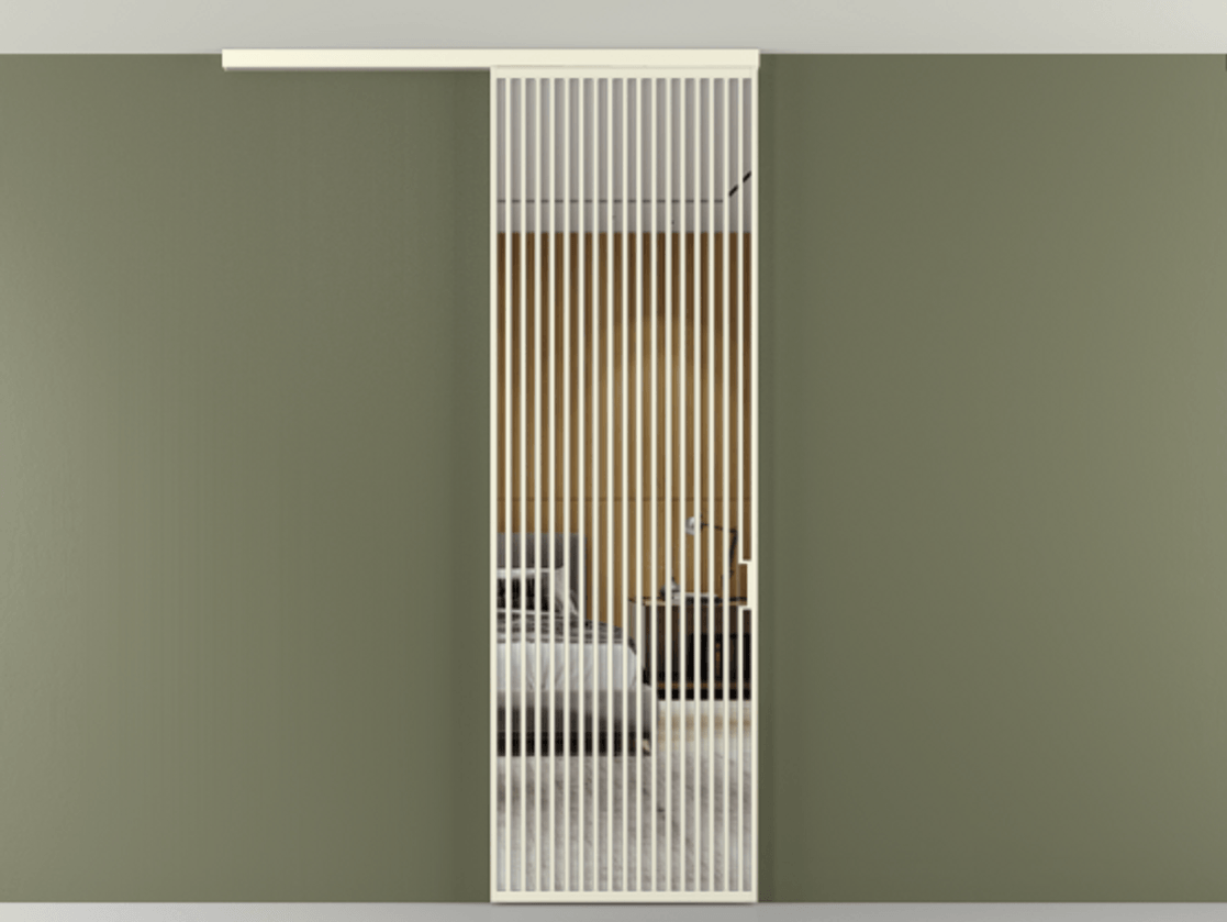 Перегородка Формато вдоль стены на потолок 1 створка АЛПР 040.06 Алюминий молочно-белый Двустороннее зеркало, триплекс , триплекс 6 мм Цена 1415444 ₸ | Volhovec