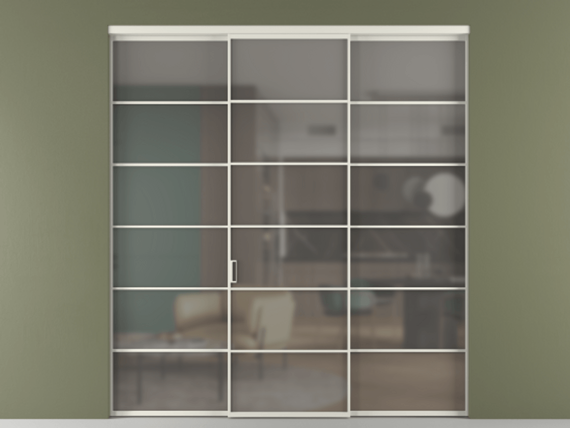 Перегородка Formato внутри проёма 3 створки АЛПР 040.04 Алюминий Белый Сатинированное серое стекло, триплекс Цена 1849365 ₸ | Volhovec