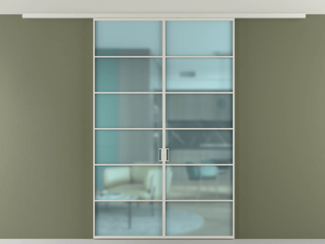 Перегородка Формато вдоль стены на потолок 2 створки АЛПР 040.04 Алюминий тёплый серый Сатинированное голубое стекло, триплекс Цена 1508107 ₸ | Volhovec