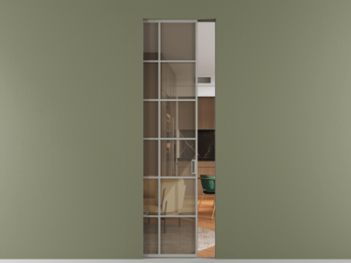 Перегородка Formato скрытый пенал 1 створка АЛПР 040.05 Алюминий нейтральный серый Рефлективное бронзовое стекло "Stopsol", калёное Цена 1161900 ₸ | Volhovec