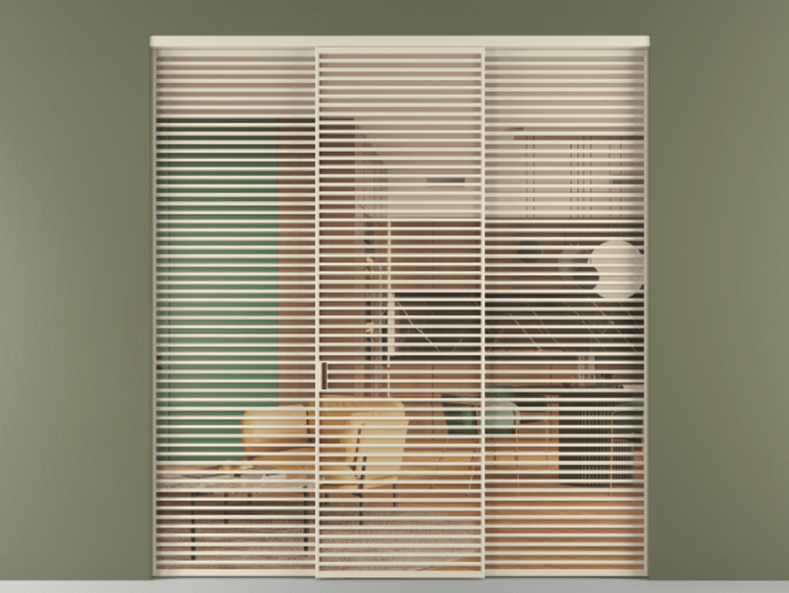 Межкомнатная дверь New Перегородка Formato внутри проёма трёхстворчатая АЛПР 040.07 Алюминий бежево-серый Прозрачное оранжевое стекло, триплекс Цена 3666600  | Volhovec