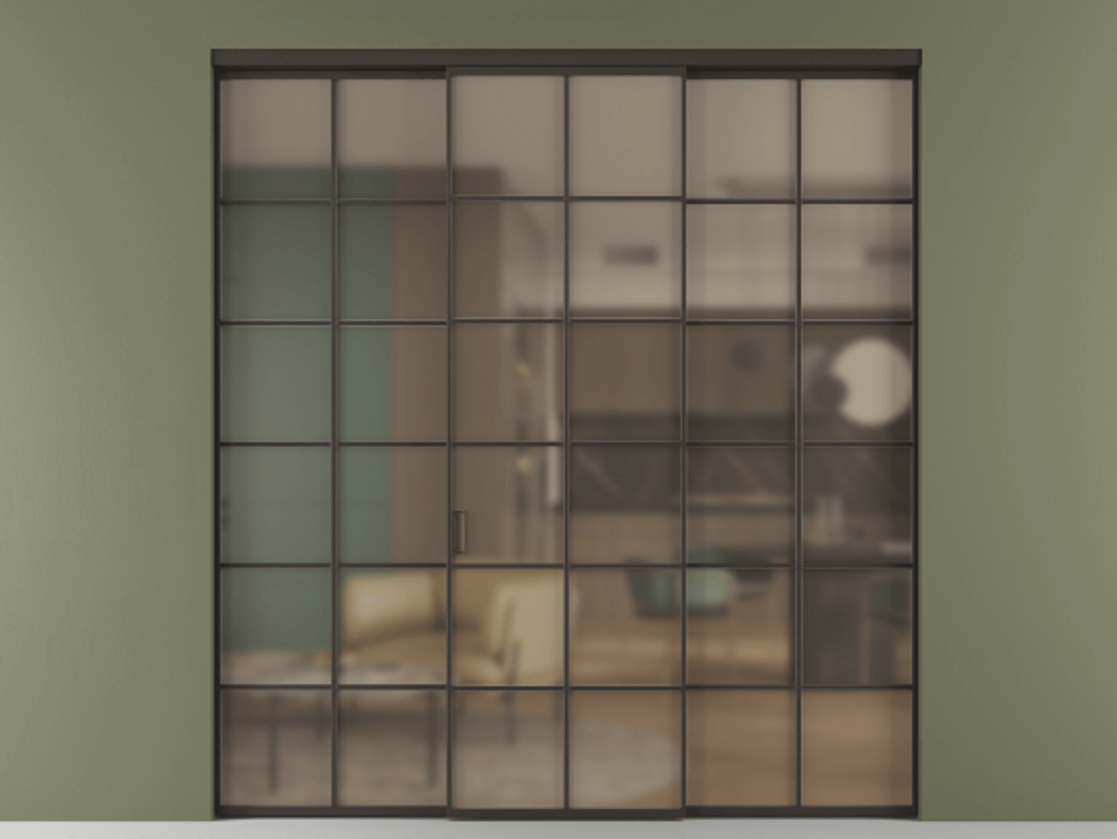 Перегородка Formato внутри проёма 3 створки АЛПР 040.05 Алюминий антрацит Сатинированное бронзовое стекло, триплекс Цена 1667700 ₸ | Volhovec