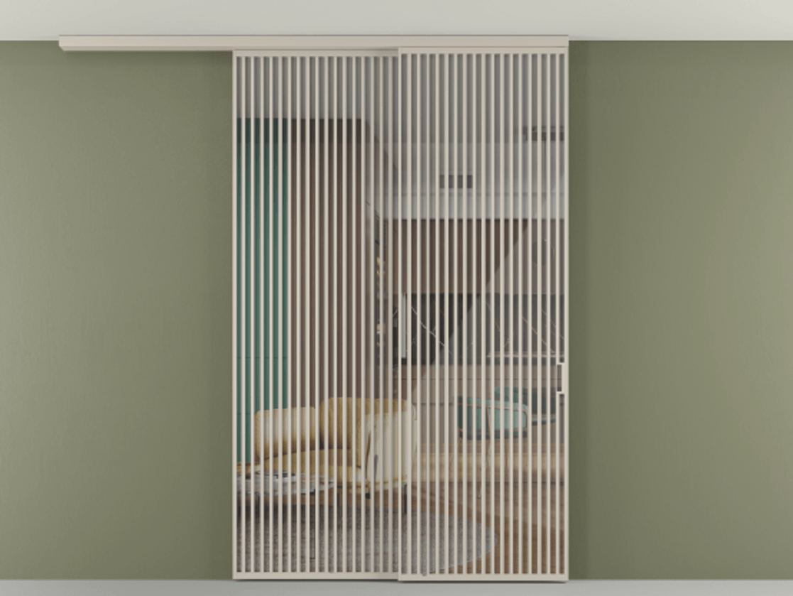 Перегородка Формато вдоль стены на потолок 2 створки с синхронным механизмом АЛПР 040.06 Алюминий светло-бежевый Рефлективное прозрачное стекло "Стопсол", калёное Цена 3502215 ₸ | Volhovec