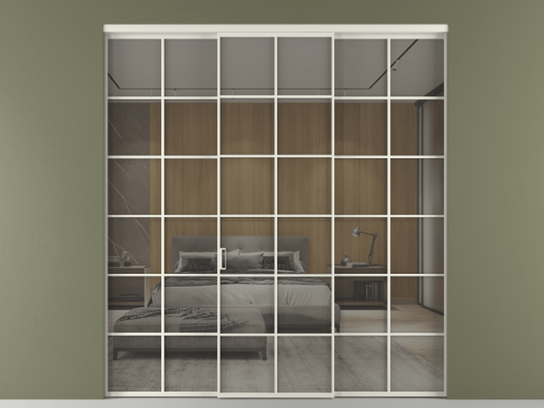 Перегородка Формато внутри проёма 3 створки АЛПР 040.05 Алюминий Белый Рефлективное серое стекло "Стопсол", калёное Цена 2478168 ₸ | Volhovec