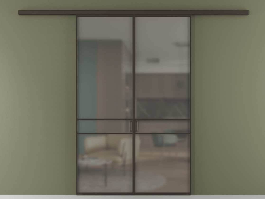 Перегородка Формато вдоль стены 2 створки АЛПР 040.02 Алюминий антрацит Сатинированное серое стекло, триплекс Цена 1477602 ₸ | Volhovec