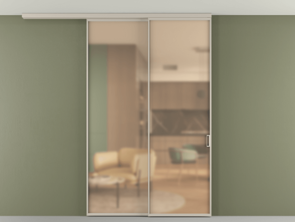 Перегородка Formato вдоль стены на потолок 2 створки с синхронным механизмом АЛПР 040.01 Алюминий светло-бежевый Сатинированное оранжевое стекло, триплекс Цена 1675300 ₸ | Volhovec