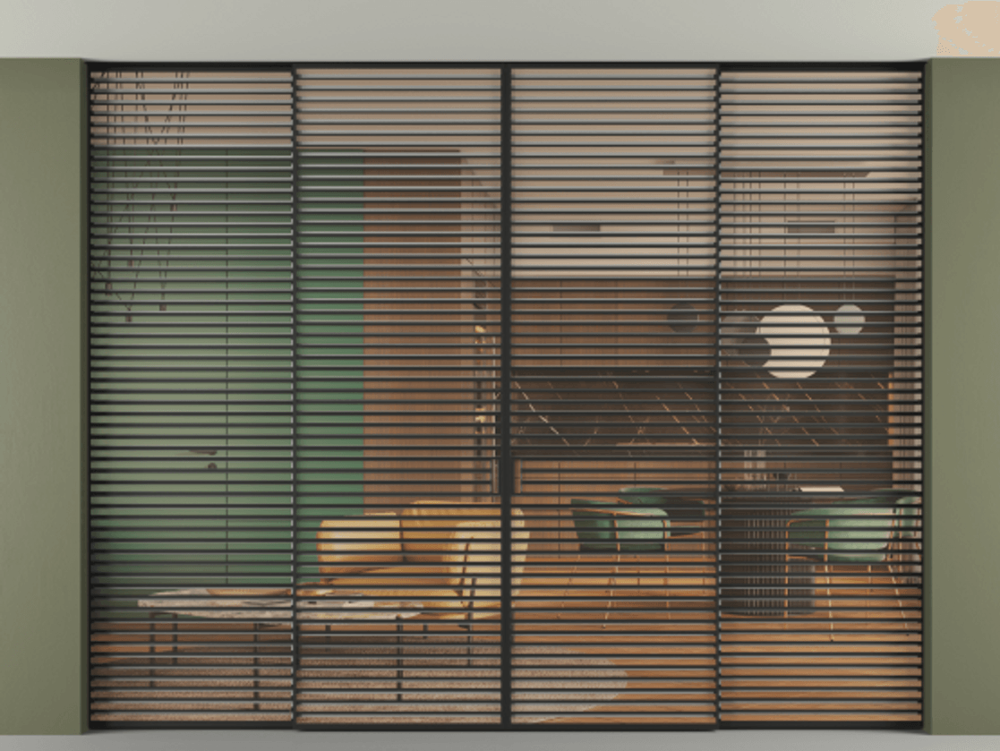 Перегородка Formato внутри проёма скрытое крепление в потолок 4 створки АЛПР 040.07 Алюминий Черный Прозрачное оранжевое стекло, триплекс Цена 4822200 ₸ | Volhovec