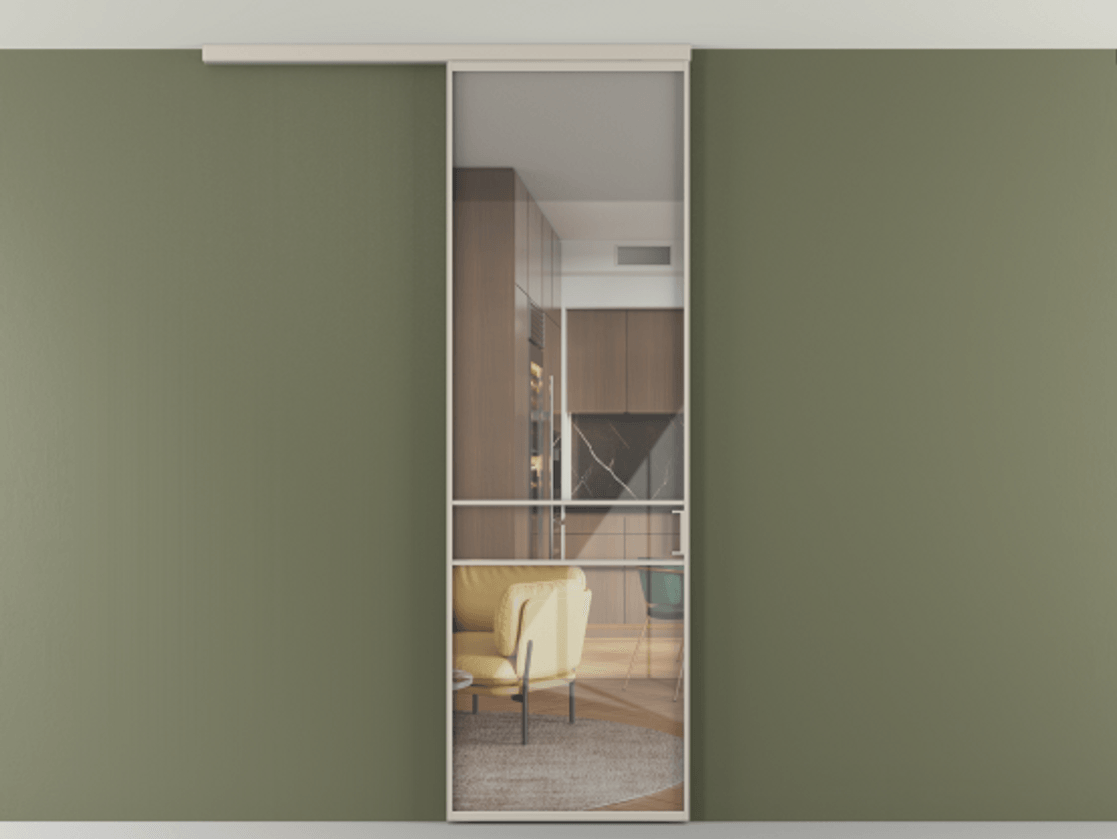 Перегородка Формато вдоль стены на потолок 1 створка АЛПР 040.02 Алюминий светло-бежевый Рефлективное прозрачное стекло "Стопсол", калёное Цена 948856 ₸ | Volhovec