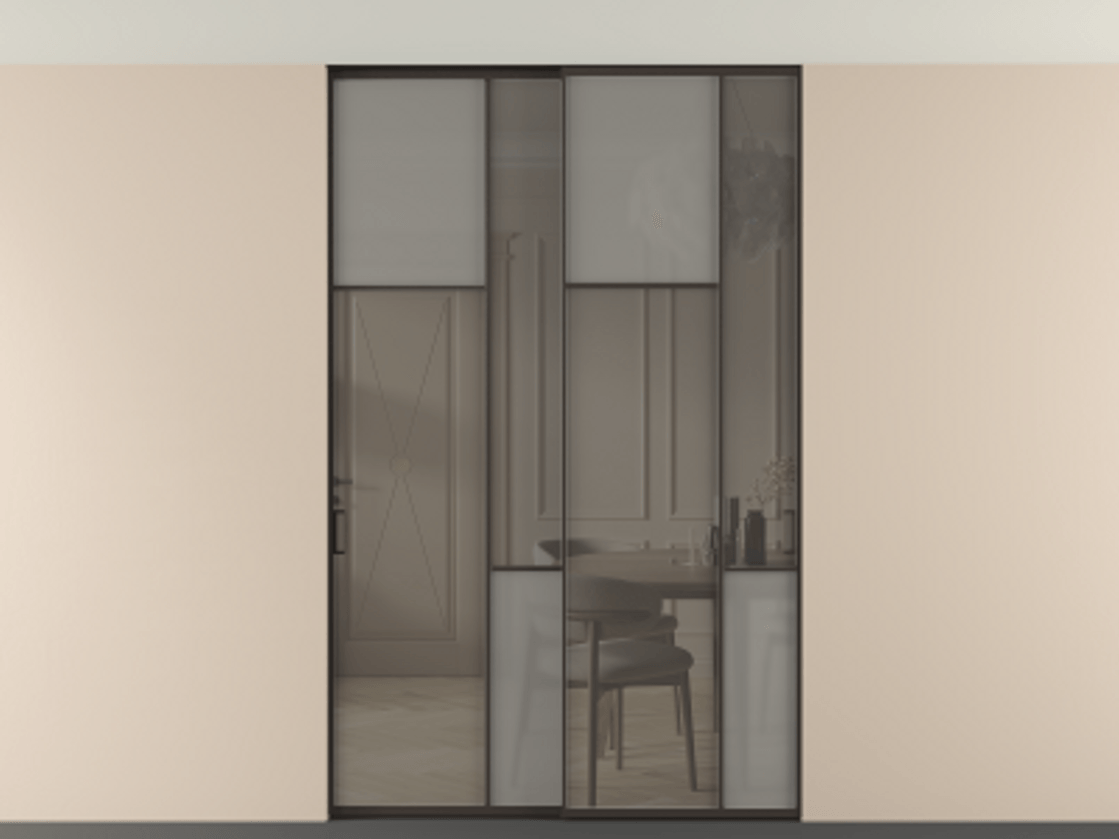 Перегородка Мозаик внутри проёма скрытое крепление в потолок 2 створки АЛПР 041.10 Алюминий антрацит Сатинированное серое стекло, триплекс, 6 мм + Прозрачное серое стекло, триплекс Цена 2453825 ₸ | Volhovec