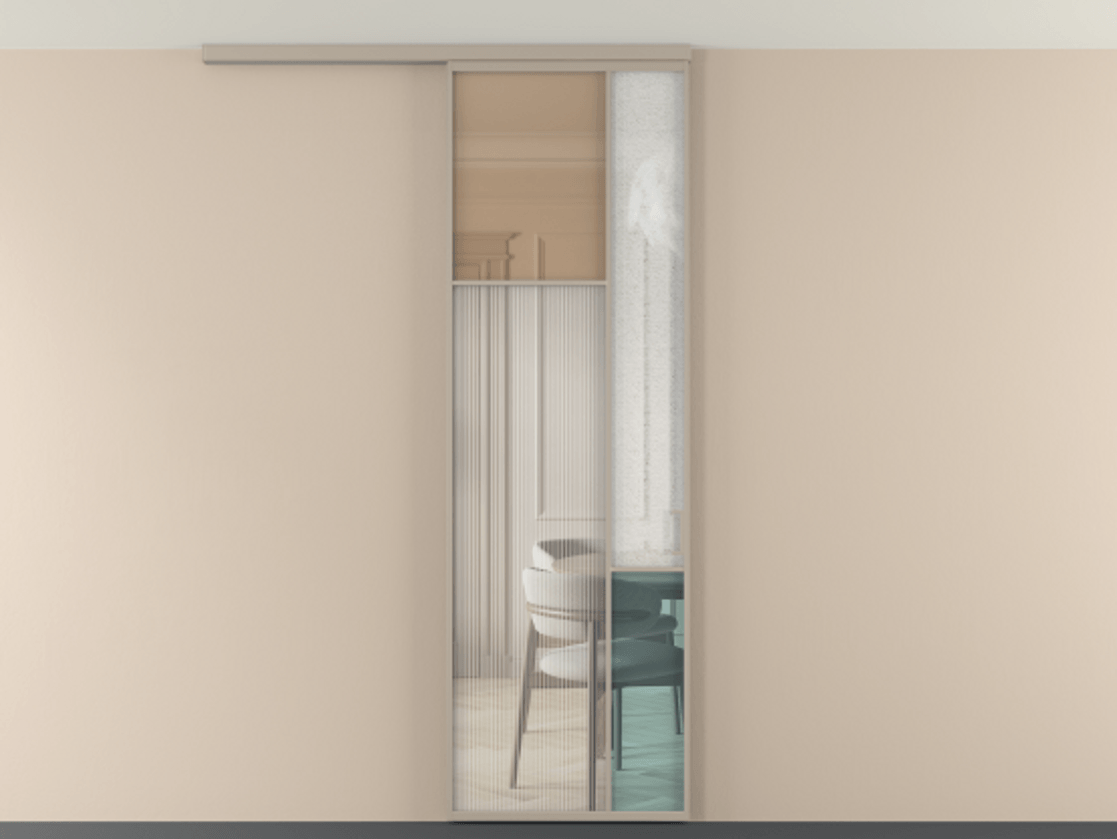 Перегородка Мозаик вдоль стены на потолок 1 створка АЛПР 041.10 Алюминий бисквитный Комбинация стекол Группы 1 и Группы 3 Цена 1066262 ₸ | Volhovec