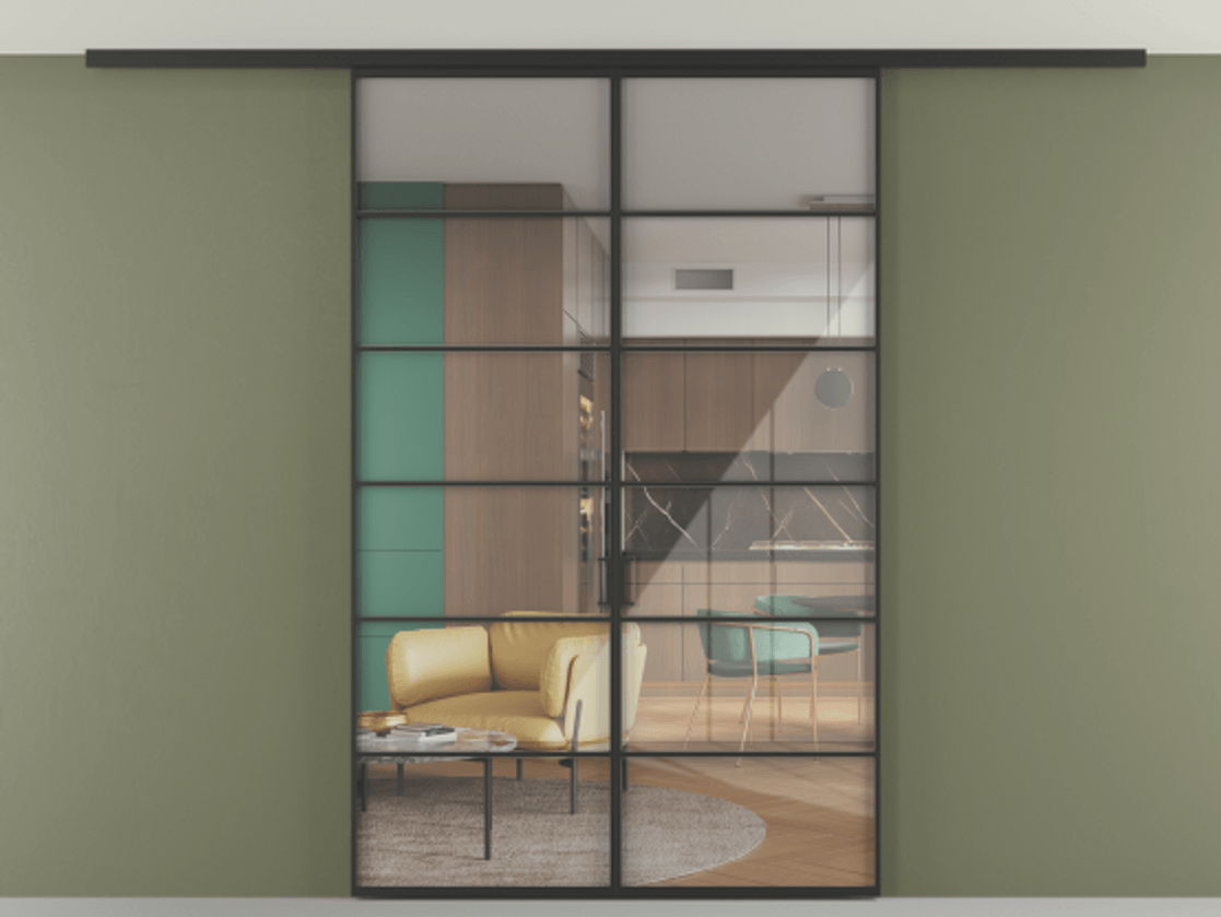 Перегородка Формато вдоль стены на потолок 2 створки АЛПР 040.04 Алюминий Черный Рефлективное прозрачное стекло "Стопсол", калёное Цена 1898921 ₸ | Volhovec