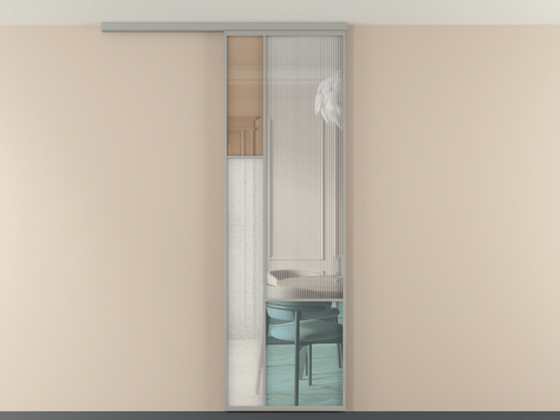 Перегородка Мозаик вдоль стены на потолок 1 створка АЛПР 041.13 Алюминий нейтральный серый Комбинация стекол Группы 1 и Группы 3 Цена 1066262 ₸ | Volhovec