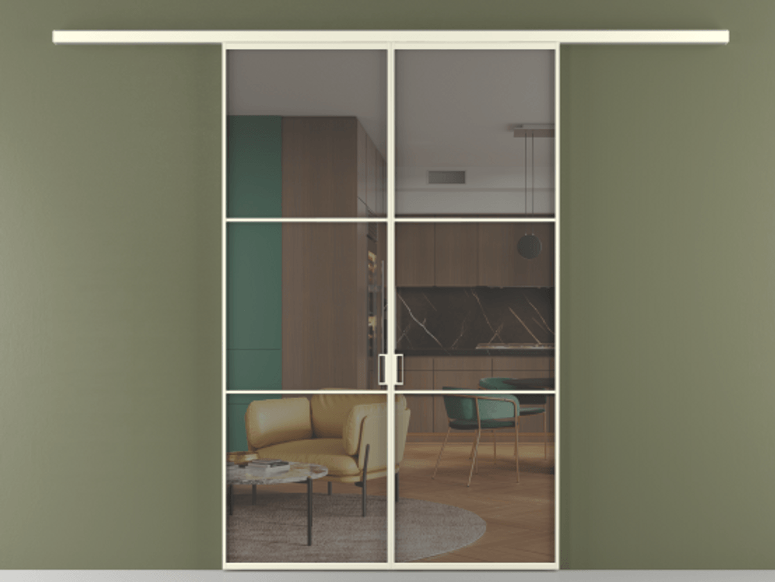 Перегородка Formato вдоль стены 2 створки АЛПР 040.03 Алюминий молочно-белый Прозрачное серое стекло, триплекс Цена 1761480 ₸ | Volhovec