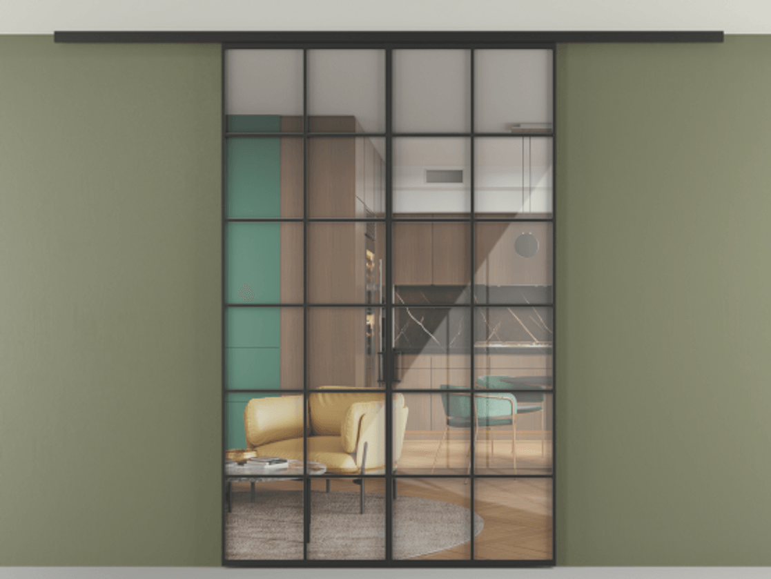 Перегородка Формато вдоль стены на потолок 2 створки АЛПР 040.05 Алюминий Черный Рефлективное прозрачное стекло "Стопсол", калёное Цена 1898921 ₸ | Volhovec