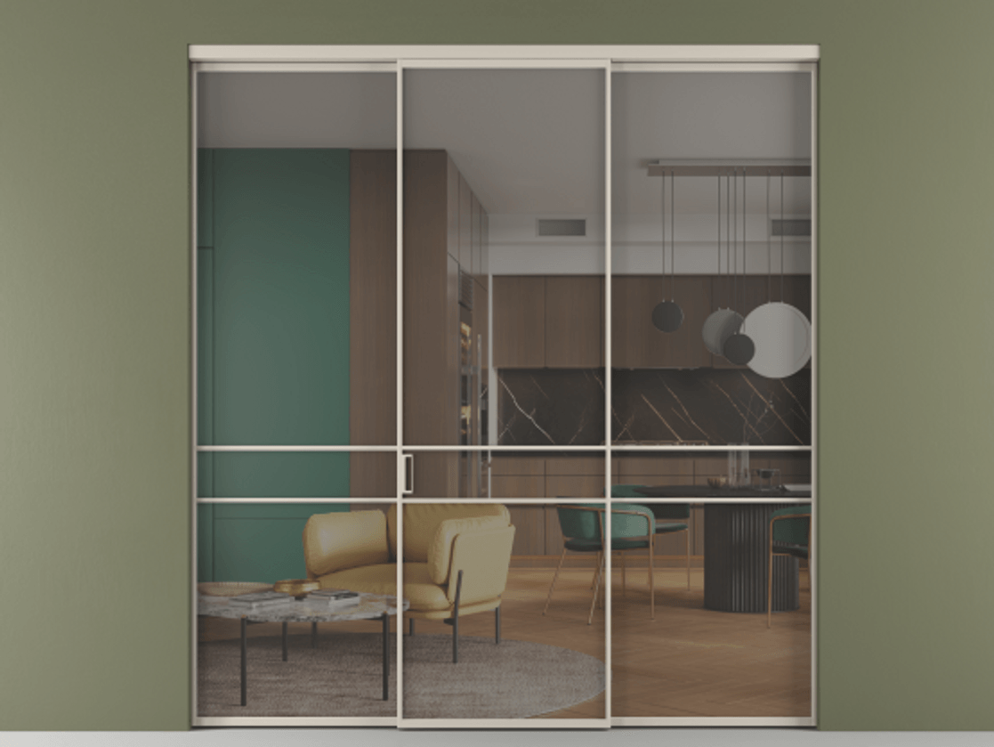 Перегородка Formato внутри проёма 3 створки АЛПР 040.02 Алюминий светло-бежевый Рефлективное серое стекло "Stopsol", калёное Цена 1981820 ₸ | Volhovec