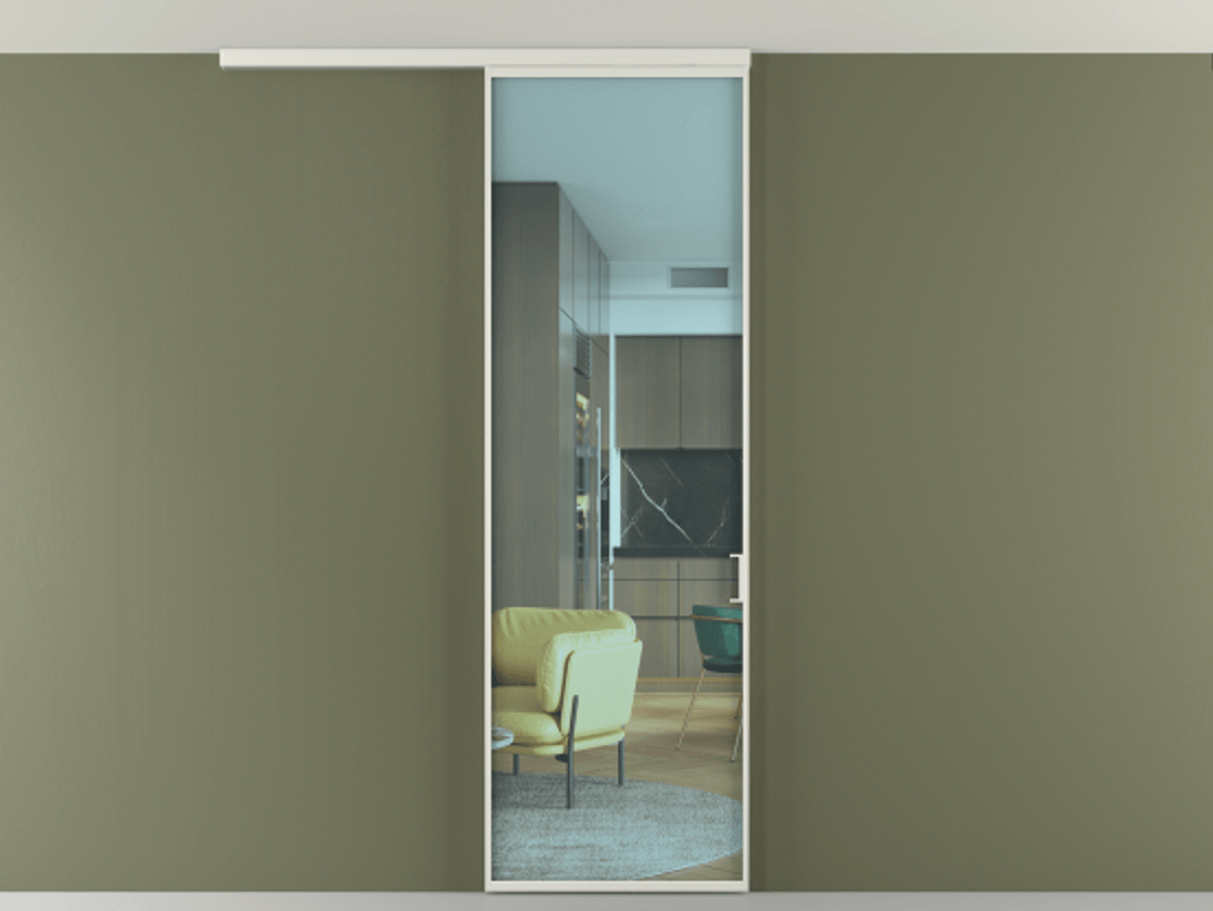 Перегородка Формато вдоль стены на потолок 1 створка АЛПР 040.01 Алюминий серый Прозрачное голубое стекло, триплекс Цена 698563 ₸ | Volhovec