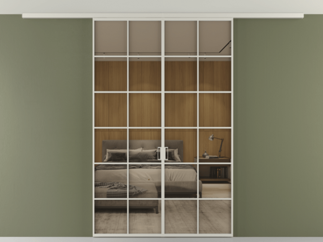 Перегородка Формато вдоль стены на потолок 2 створки АЛПР 040.05 Алюминий тёплый серый Рефлективное бронзовое стекло "Стопсол", калёное Цена 1973765 ₸ | Volhovec