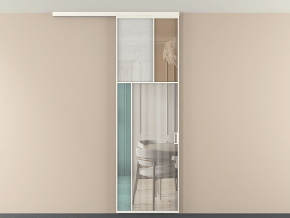 Перегородка Мозаик вдоль стены на потолок 1 створка АЛПР 041.22 Алюминий пудровый белый Комбинация стекол Группы 1 и Группы 3 Цена 1066262 ₸ | Volhovec