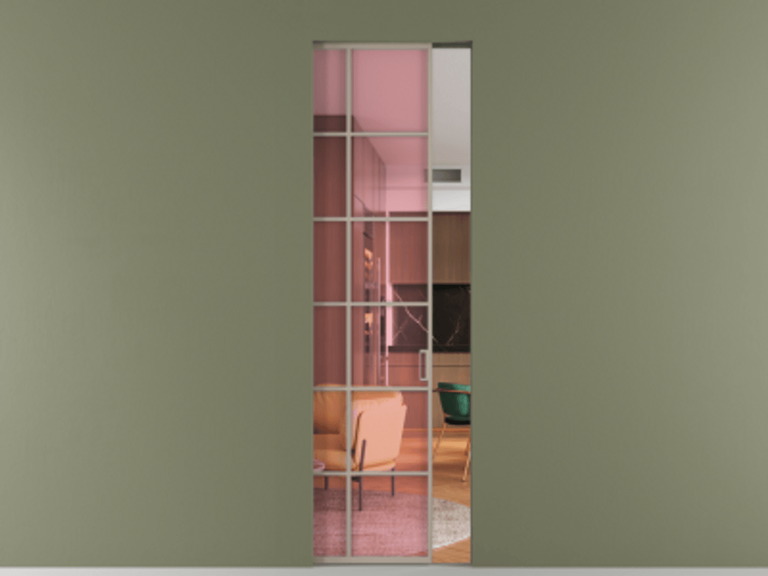 Перегородка Formato скрытый пенал 1 створка АЛПР 040.05 Алюминий бисквитный Прозрачное розовое стекло, триплекс Цена 1112000 ₸ | Volhovec