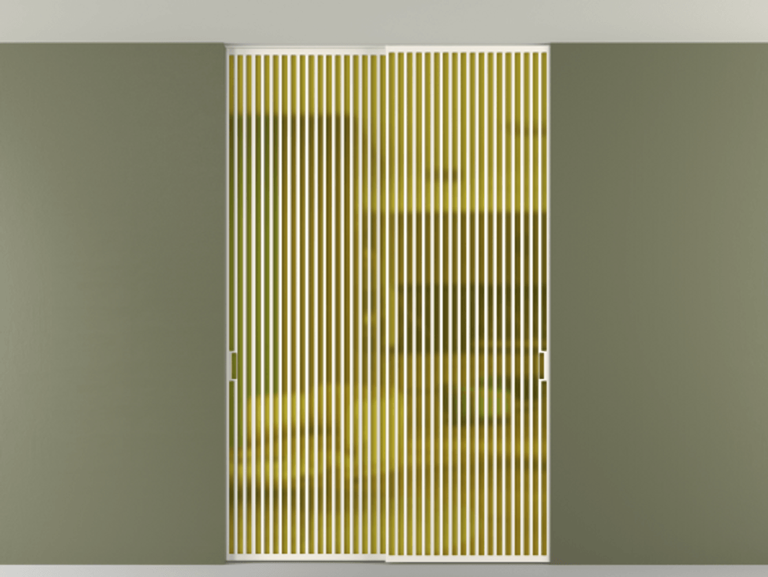 Перегородка Формато внутри проёма скрытое крепление в потолок 2 створки АЛПР 040.06 Алюминий пудровый белый Сатинированное жёлтое стекло, триплекс Цена 3098957 ₸ | Volhovec