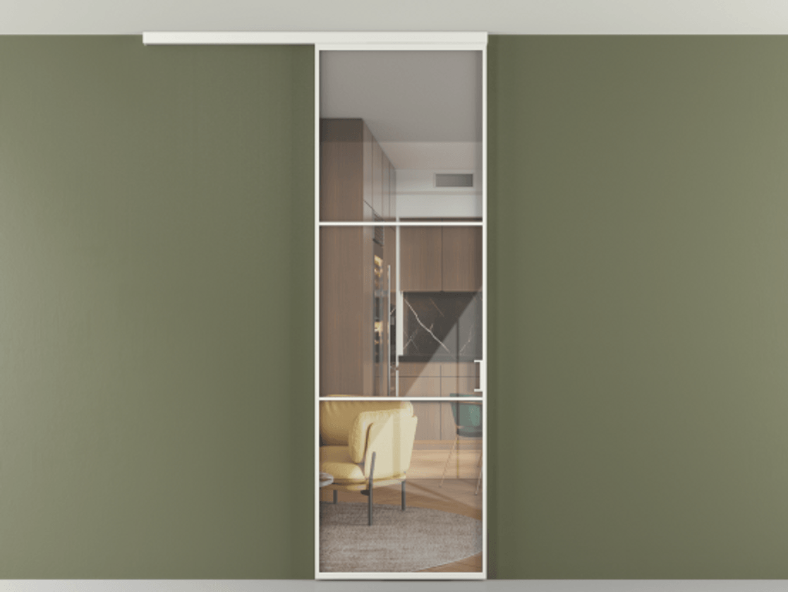 Перегородка Формато вдоль стены на потолок 1 створка АЛПР 040.03 Алюминий светло-серый Рефлективное прозрачное стекло "Стопсол", калёное Цена 948856 ₸ | Volhovec