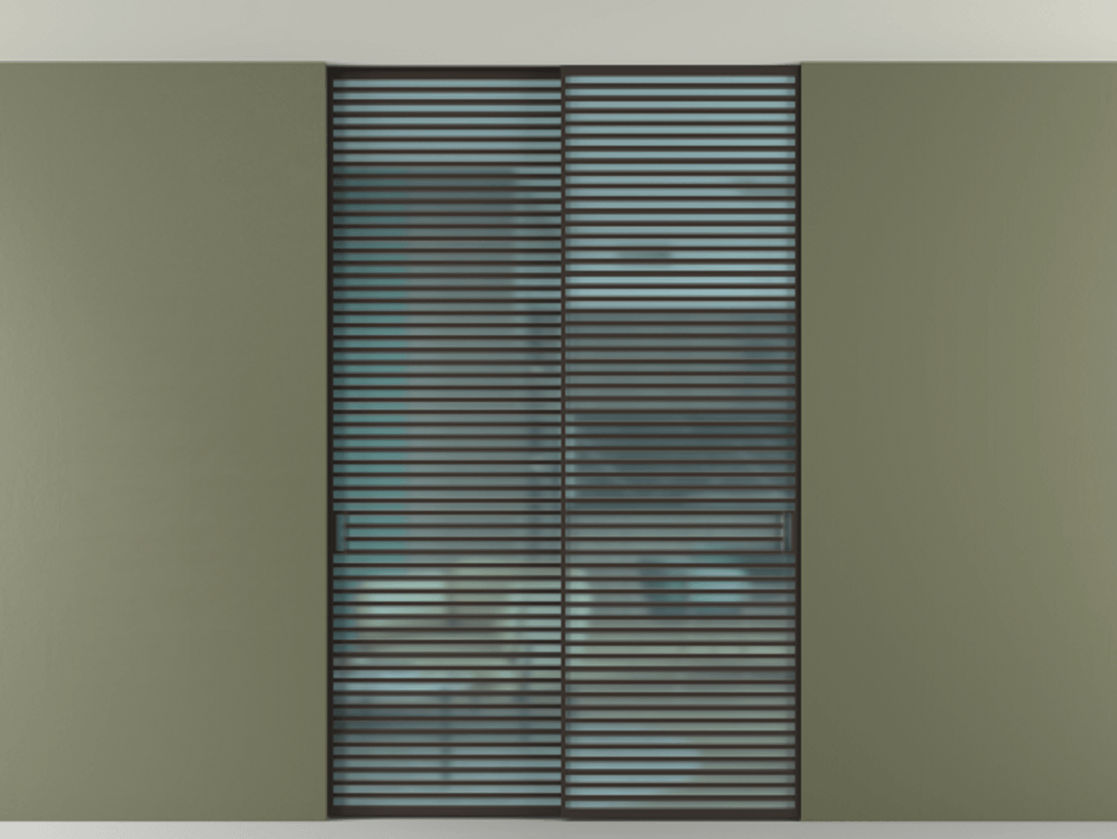 Перегородка Формато внутри проёма скрытое крепление в потолок 2 створки АЛПР 040.07 Алюминий антрацит Сатинированное голубое стекло, триплекс Цена 3098957 ₸ | Volhovec