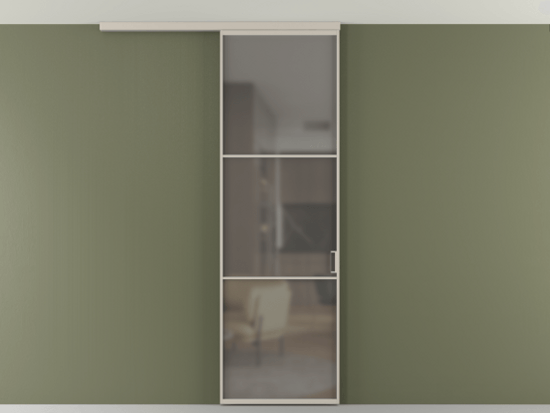 Перегородка Формато вдоль стены на потолок 1 створка АЛПР 040.03 Алюминий светло-бежевый Сатинированное серое стекло, триплекс Цена 732246 ₸ | Volhovec