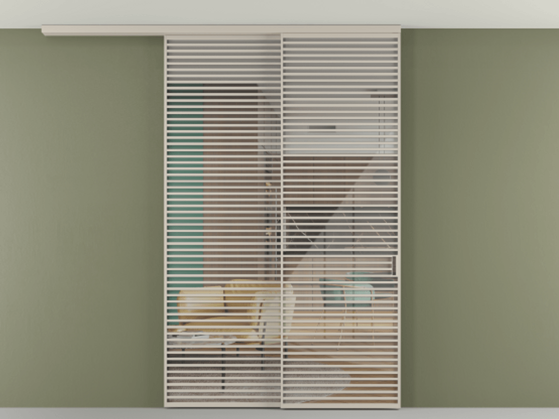 Перегородка Формато вдоль стены на потолок 2 створки с синхронным механизмом АЛПР 040.07 Алюминий светло-бежевый Рефлективное прозрачное стекло "Стопсол", калёное Цена 3502215 ₸ | Volhovec