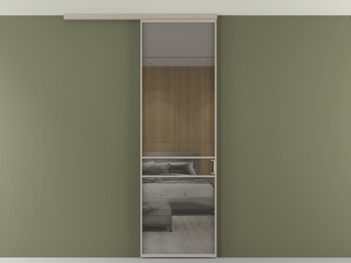 Перегородка Formato вдоль стены на потолок 1 створка АЛПР 040.02 Алюминий бисквитный Рефлективное серое стекло "Стопсол", калёное Цена 948856 ₸ | Volhovec