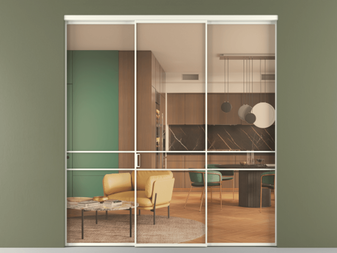 Перегородка Формато внутри проёма 3 створки АЛПР 040.02 Алюминий жемчужный Прозрачное оранжевое стекло, триплекс Цена 1793799 ₸ | Volhovec