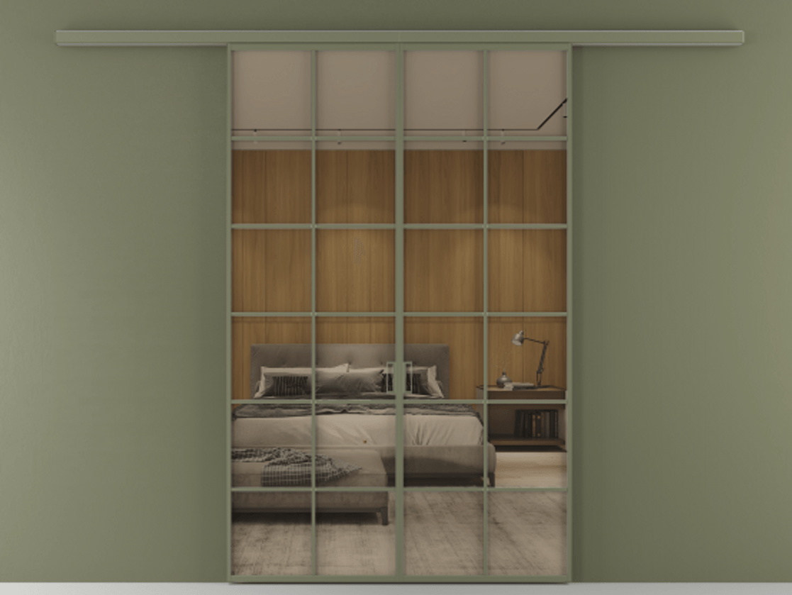 Перегородка Формато вдоль стены 2 створки АЛПР 040.05 Алюминий оливковый тёмный Рефлективное бронзовое стекло "Стопсол", калёное Цена 2000376 ₸ | Volhovec