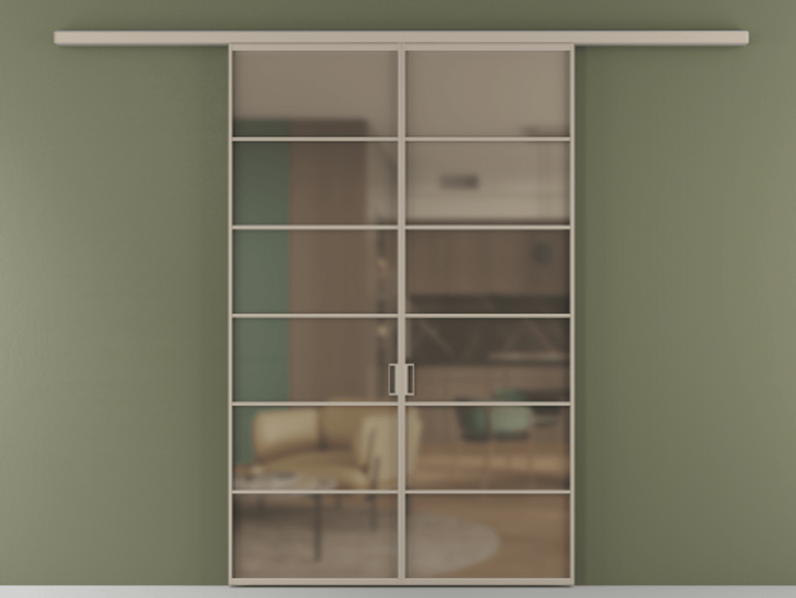 Перегородка Формато вдоль стены 2 створки АЛПР 040.04 Алюминий бисквитный Сатинированное бронзовое стекло, триплекс Цена 1566054 ₸ | Volhovec