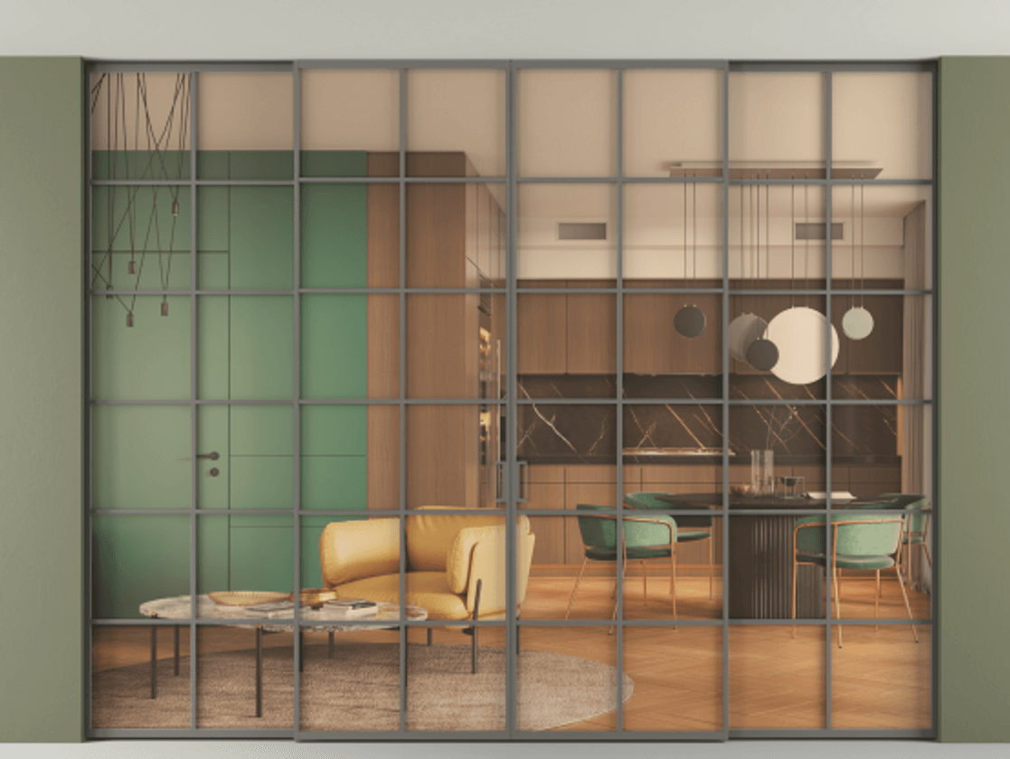 Перегородка Formato внутри проёма скрытое крепление в потолок 4 створки АЛПР 040.05 Алюминий классический серый Прозрачное оранжевое стекло, триплекс Цена 3023300 ₸ | Volhovec