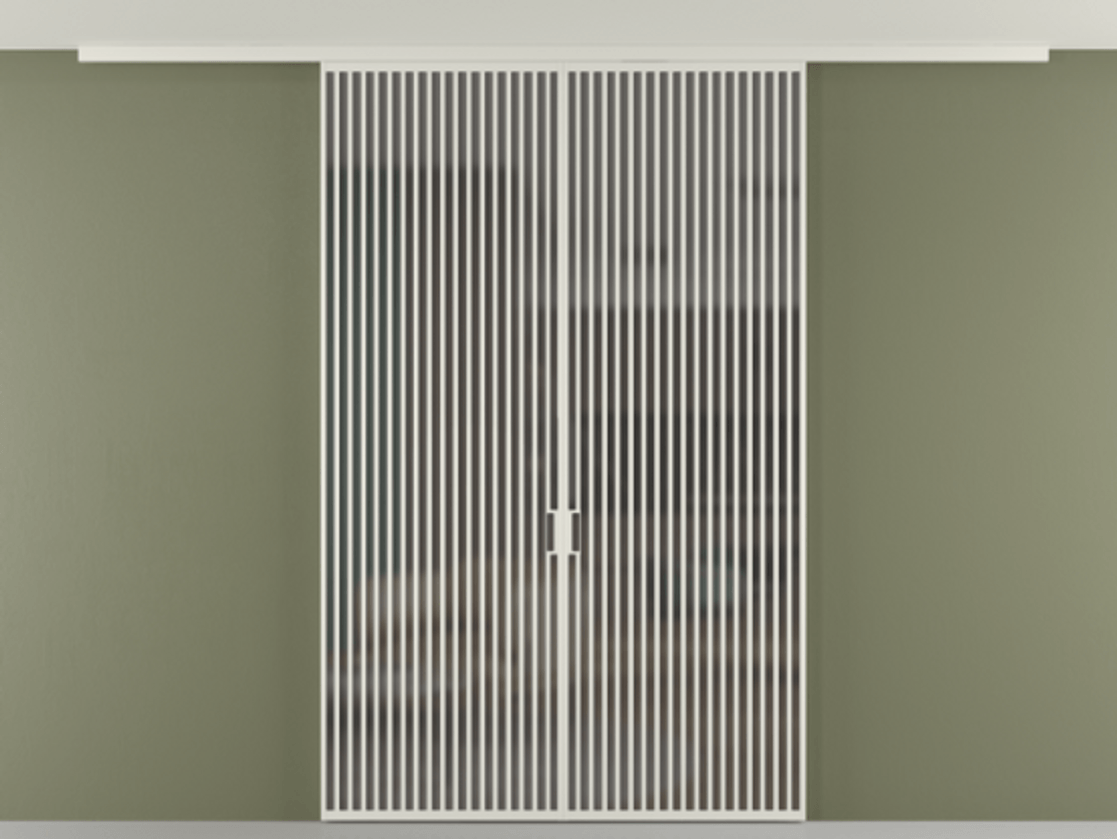 Перегородка Формато вдоль стены на потолок 2 створки АЛПР 040.06 Алюминий Белый Сатинированное серое стекло, триплекс Цена 2658459 ₸ | Volhovec