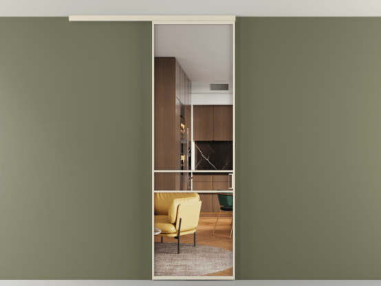 Алюминевая перегородка vd1_02 Алюминий бежево-серый Crystal Vision прозрачное. Цвет Алюминий бежево-серый. Материал Алюминий в эмали. Коллекция Перегородка Formato вдоль стены на потолок 1 створка. Картинка.