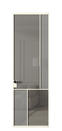 Дверь межкомнатная АЛПЛ041.21 АМБ Серый сатин матовое + Серый прозрачное. Цвет Алюминий молочно-белый. Материал Алюминий в эмали. Коллекция Mosaic. Картинка.