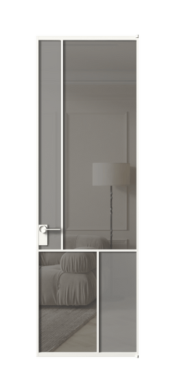 Дверь межкомнатная АЛПЛ041.20 БЕЛ Серый сатин матовое + Серый прозрачное. Цвет Алюминий Белый. Материал Алюминий. Коллекция Mosaic. Картинка.