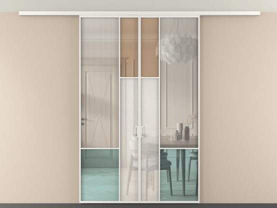 Алюминевая перегородка vdp2_8 Алюминий светло-серый Четыре стекла. Цвет Алюминий светло-серый. Материал Алюминий в эмали. Коллекция Перегородка Mosaic вдоль стены на потолок 2 створки. Картинка.